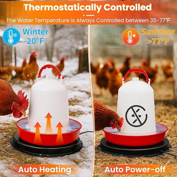 11'' Chicken Water Heater for Winter, Heated Waterer Base for Metal Plastic Poultry Waterer Under 5 Gallon, Built-in Thermostat (77℉ Auto Shut-Off), 110W Coop Heater with 6.6ft Power Cord