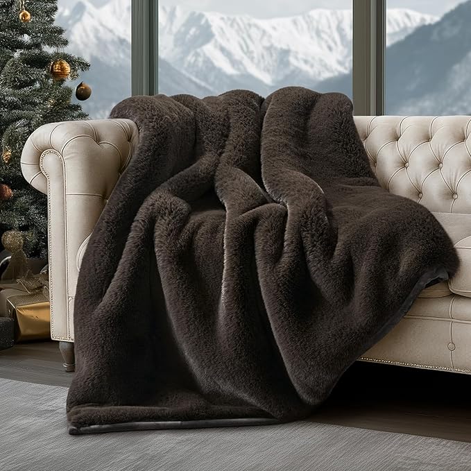 EVERGRACEHOME Luxury Soft Faux Chinchilla Fur Throw Blanket for Couch, Warm Thick Heavy Winter Throw Blanket 1220GSM for Bed, Fluffy Cozy Mink Blanket with Reversible Velvet, Espresso Mink, 60"x80"