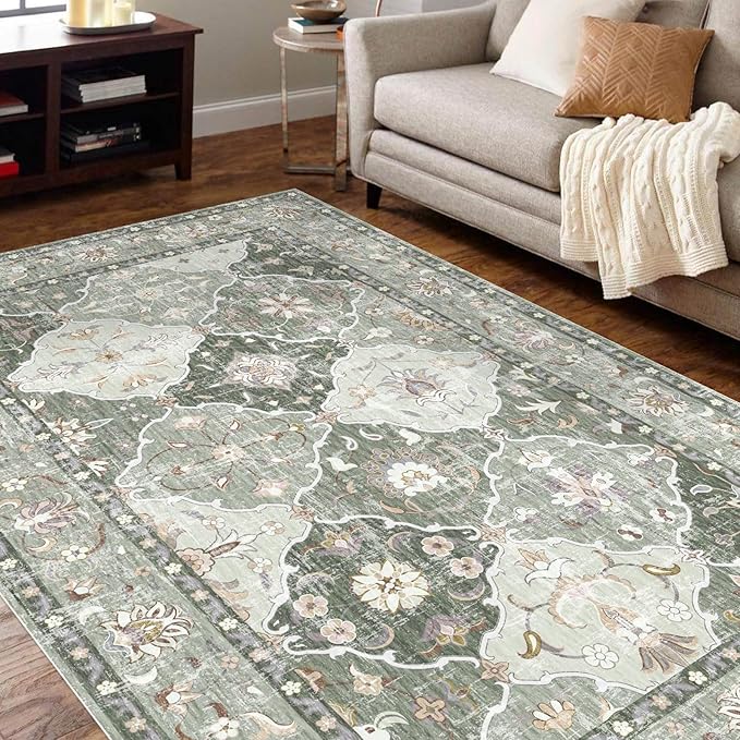 Boho Vintage Area Rugs 4×6 Washable Non-Slip Traditional Green Area Rug for Living Room Bedroom Dining Room and Kitchen