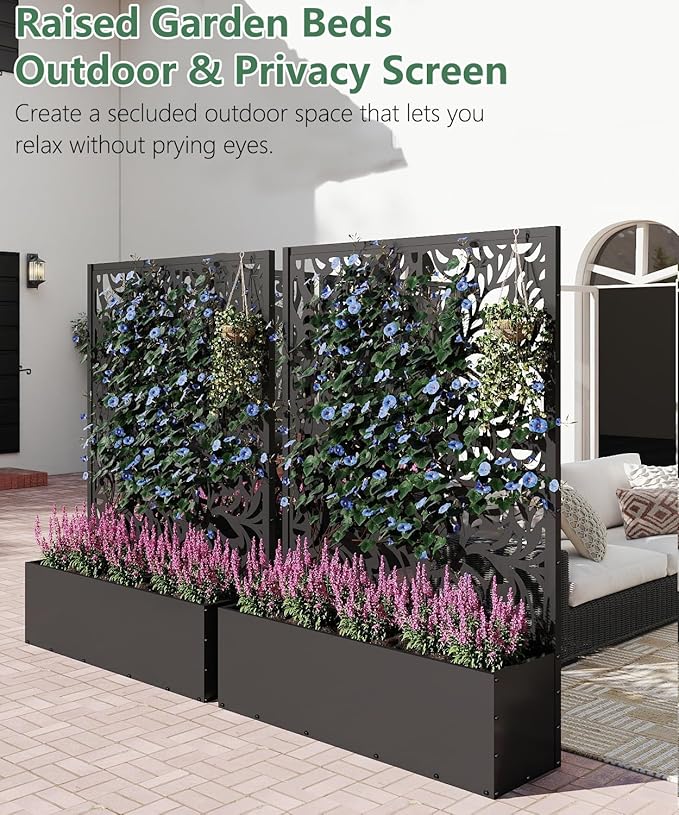 Metal Planter Box with Trellis,70.9"x47.2"x15.7" Raised Garden Bed with Drainage Holes, Privacy Planters for Outdoor Garden Bed for Climbing Plants,Vegetables,and Vines, Black-Flower