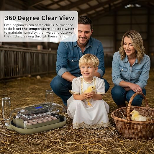 XOTTI 24 Egg Incubator for Hatching Eggs, with Smart Temperature Control and Humidity Display, Auto Egg Turner, 360° View, LED Candler, Incubator for Chicken Duck Quail Goose for Home School Farm Lab
