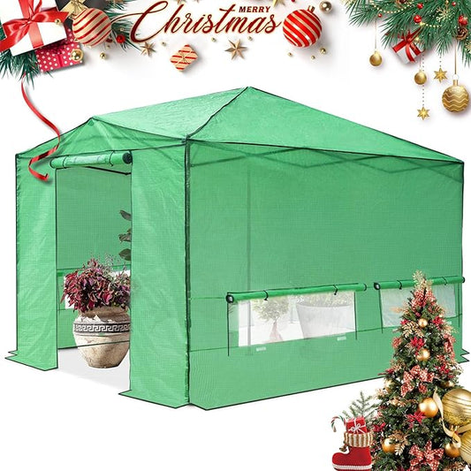 EAGLE PEAK Instant Pop-up Greenhouse, Indoor Outdoor Plant Gardening Green House, Roll-Up Zipper Doors & Side Windows - Winter Support Pole, Walk in 12x8 ft, Green/Clear
