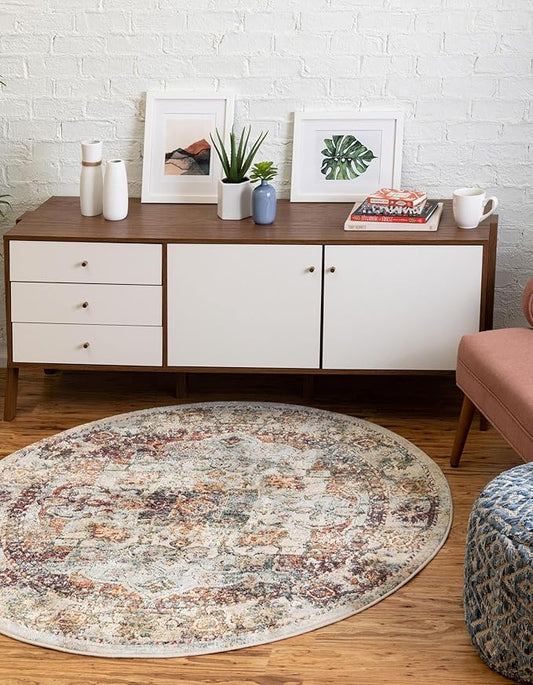 Unique Loom Isabella Collection Area Rug - Adjani (3' 3" Round, Ivory/ Beige)