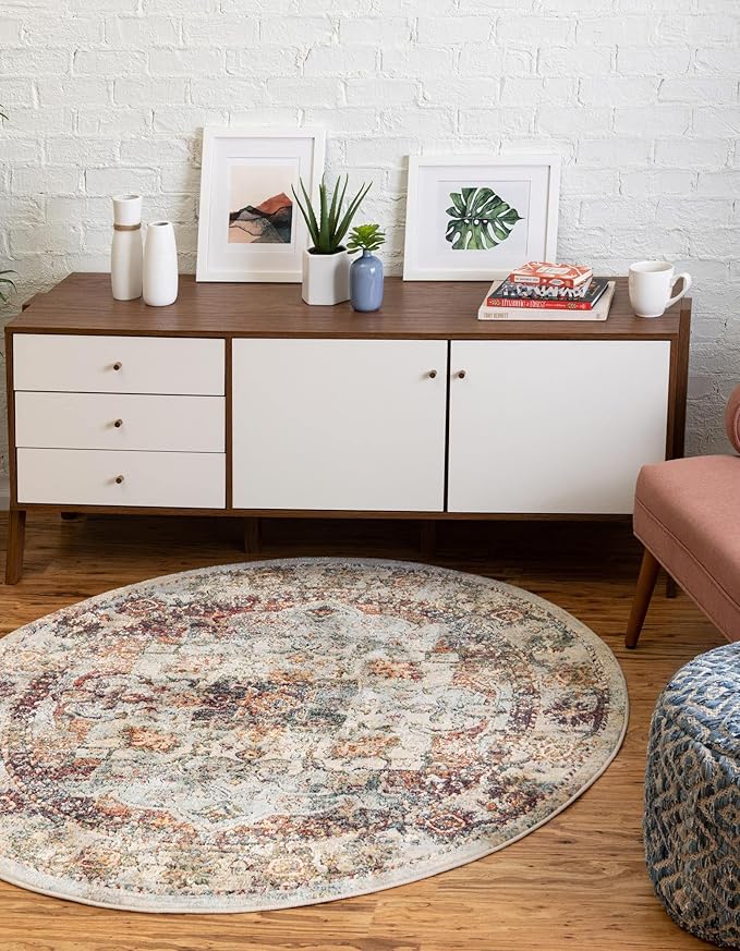 Unique Loom Isabella Collection Area Rug - Adjani (7' 10" Round, Ivory/ Beige)