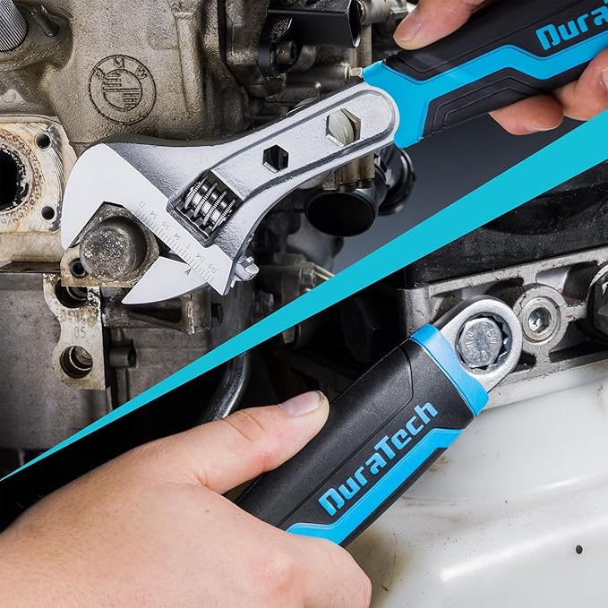 DURATECH 12 Inch Adjustable Wrench, 3-in-1 Spanner with Box End/Hex Function, CR-V Steel, Metric & SAE Scales, Chrome-plated, Bi-material soft Grip