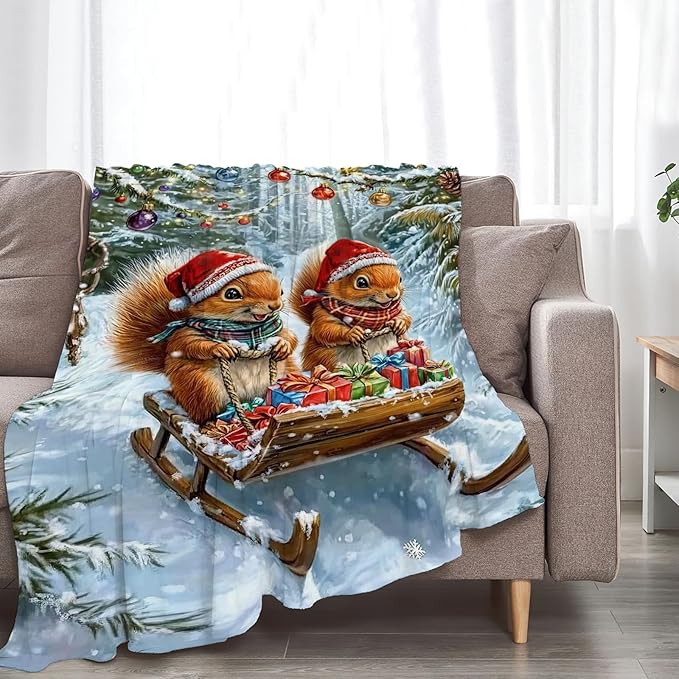 Christmas Squirrel Blanket Cute Animal Throw Blankets Gifts for Girls Boys Kids Squirrel Lover Soft Cozy Fleece Plush for Couch Sofa Bed 60"x50"