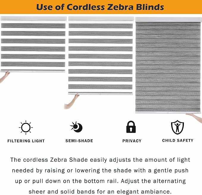 Cordless Zebra Blinds for Indoor Windows Free-Stop Zebra Shades Dual Layer Light Filtering Sheer Shades Roller Window Blinds for Home (23" W X 72" H, Grey)
