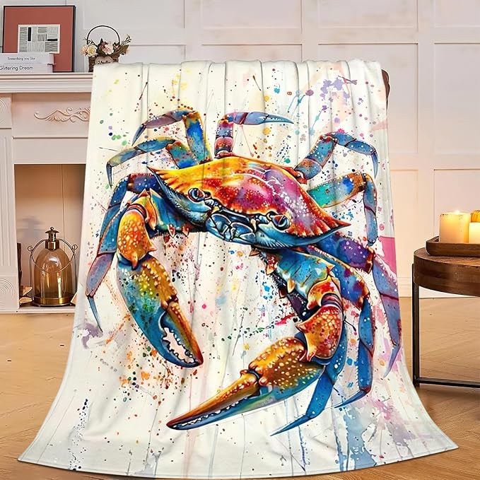 Crab Blanket Colorful Cosatal Ocean Crab Throw Blanket Soft Warm Cozy Fuzzy Plush Gifts for Girls Women Lightweight Fleece Flannel Stuff Decor Gift for Kids Adults 80"X60"