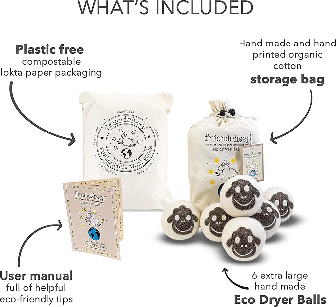 Friendsheep Wool Dryer Balls, Organic Reusable Fabric Softener Alternative for Laundry, Handmade, Fair Trade, Hypoallergenic, Eco-Friendly, Plastic-Free (6 Pack XL – Sheep Flock of Friends)