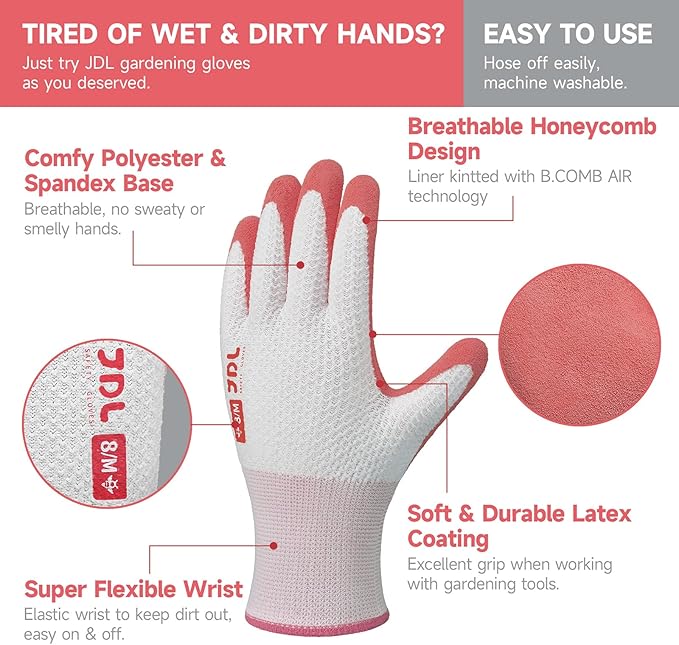 JDL Gardening Gloves for Women, 2 Pairs Breathable Latex Coated Yard Garden Gloves, Rubber Outdoor Protective Work Gloves with Grip, Pink, Medium Size