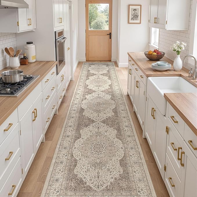 Washable 3x14 Hallway Runner Rug - Vintage Floral Stain & Fade Resistant Non-Slip Backing Ultra-Thin Long Carpet for Entryway, Bedroom, Kitchen, Corridor Decor (Brown/Beige)