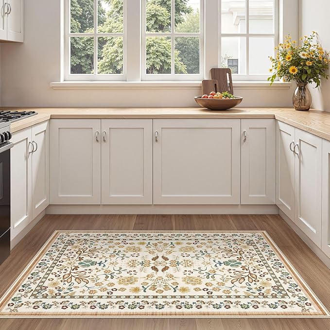 3x5 Area Rug Living Room Rugs - Washable Boho Vintage Floral Large Soft Non Slip Thin Rug Low Pile Carpet for Bedroom Dining Room Kids Playroom Office Decor Indoor- Brown