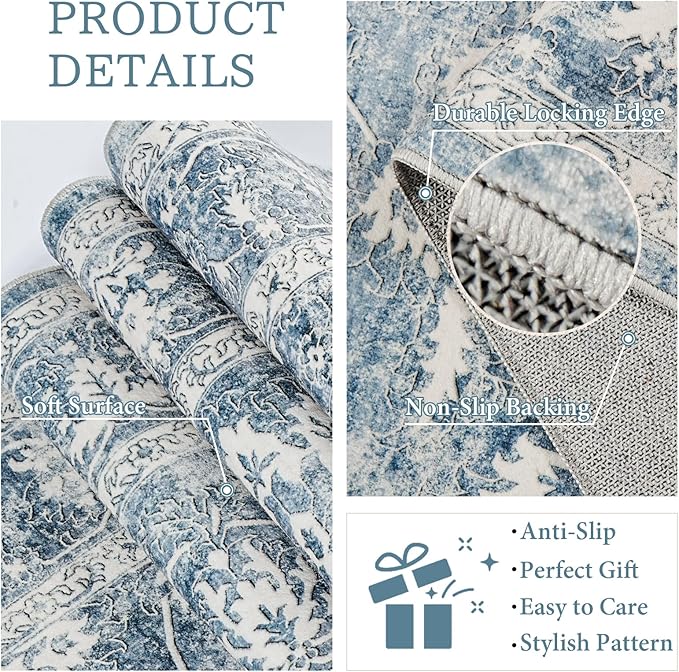 Madane Washable 6x9 Area Rugs for Living Room, Vintage Rug with Non-Slip Backing, Soft Stain Resistant Throw Rugs Thin Carpet for Bedroom Dining Room Farmhouse (6 x 9, Cadet Blue)