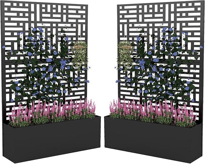 Metal Planter Box with Trellis,70.9"x47.2"x15.7" Raised Garden Bed with Drainage Holes, Privacy Planters for Outdoor Garden Bed for Climbing Plants,Vegetables,and Vines,2PCS,Black-Modular