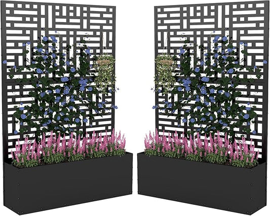 Metal Planter Box with Trellis,70.9"x47.2"x15.7" Raised Garden Bed with Drainage Holes, Privacy Planters for Outdoor Garden Bed for Climbing Plants,Vegetables,and Vines,2PCS,Black-Modular