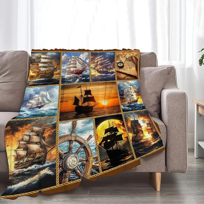 Nautical Throw Blanket Ultra Soft Cozy Navigation Sailboat Blanket Fleece Fuzzy Plush Nautical Lovers Decor Gifts for Women Girls Adults Couch Sofa 80"x60"
