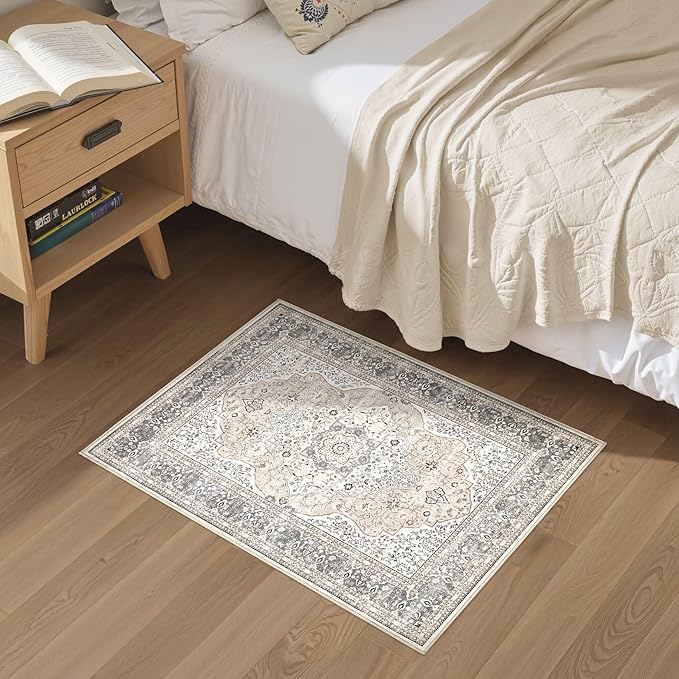 2x3 Washable Entryway Rug: Non-Slip Soft Indoor Throw Small Vintage Floral Area Rug for Kitchen Bedroom, Low Pile Durable Carpet for Front Door Porch Floor Doormat Home Decor (Camel/Beige)