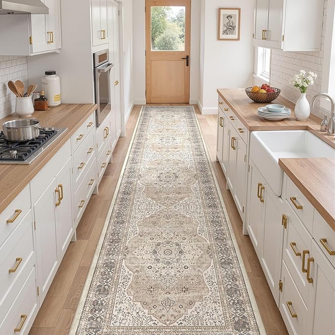 Washable 3x14 Hallway Runner Rug - Vintage Floral Stain & Fade Resistant Non-Slip Backing Ultra-Thin Long Carpet for Entryway, Bedroom, Kitchen, Corridor Decor (Camel/Beige)