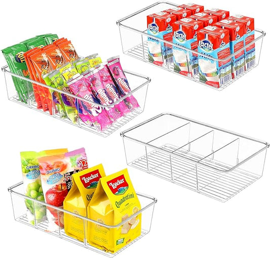Snack Organizer for Pantry Shelf, 4 Pack Clear Plastic Pantry Storage Bins with 3 Dividers for Snacks, Spices, Chips Food Organizer, Stackable Pantry Organizers for Kitchen, Fridge, Cabinet