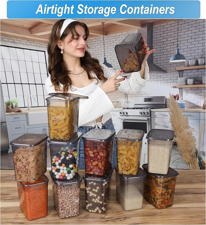 T&D HOME GOODS Storage Jars with Lid, Airtight, Set of 12 Storage Containers, BPA-Free, Storage Container for Cereal, Flour, Kitchen, Practical Organiser Kitchen, (12, Rectangular)