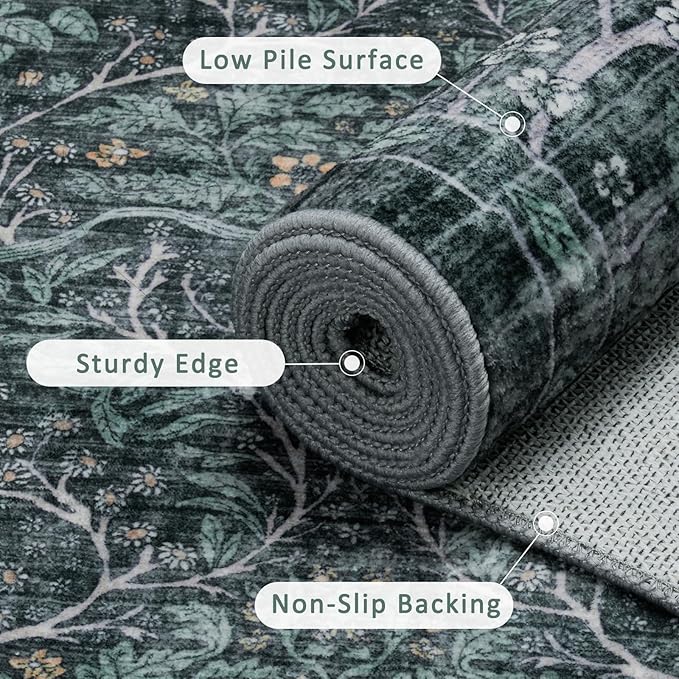 Retro Green Area Rug 6x9 Machine Washable Rug for Living Room,Entryway Bedroom Farmhouse Nursery Home Office，Low Pile Stain & Slip Resistant Large Dark Green Carpet for Bedroom