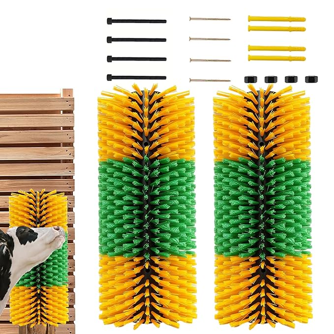 2PCS Livestock Scratching Brushes for Cattle Goats Horses Pigs and Sheep – Durable Farm Back Scratcher with Firm PP Bristles for Grooming and Massage – Easy Mount with 8 Screws