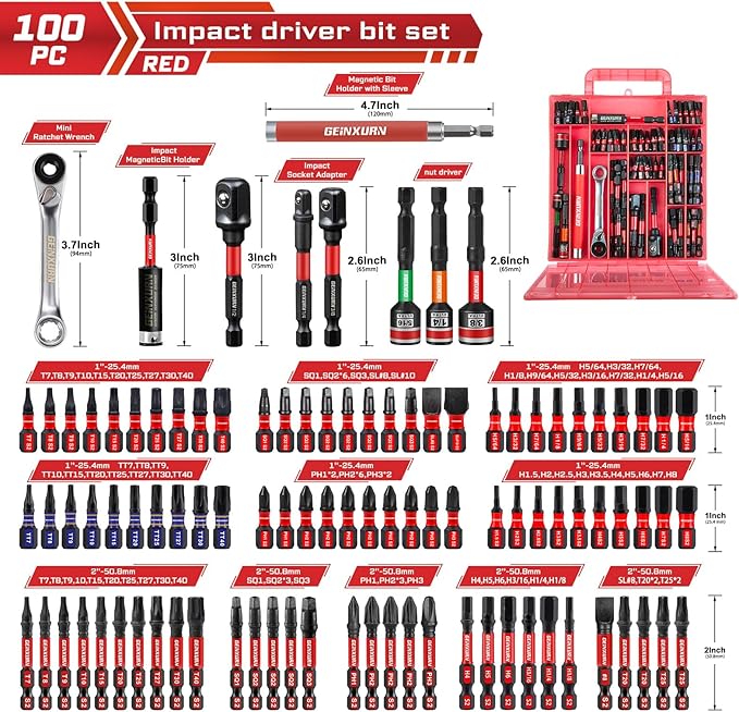 100Pieces 1”/2” Impact Screwdriver Bits Set, Magnetic S2 Steel (Phillips/Slotted/Square/Torx/Hex/Security Torx) Driver Bits Tips,Impact Bit Holder and Nut Driver with Red Storage Box Case