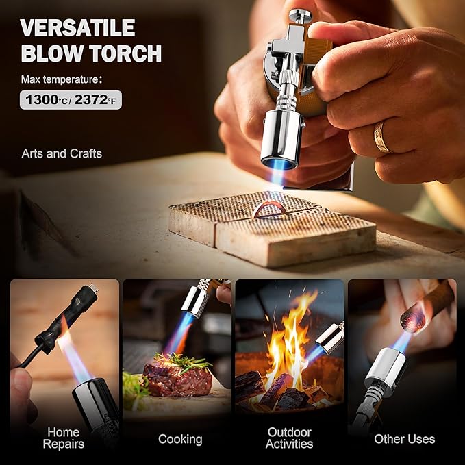 RAVS Butane Torch Lighter, Kitchen Torch with Adjustable Flame, Cooking Torch for Creme Brulee, BBQ, DIY, Christmas Gifts Stocking Stuffers Gifts for Women, Brown, Butane Gas Not Included