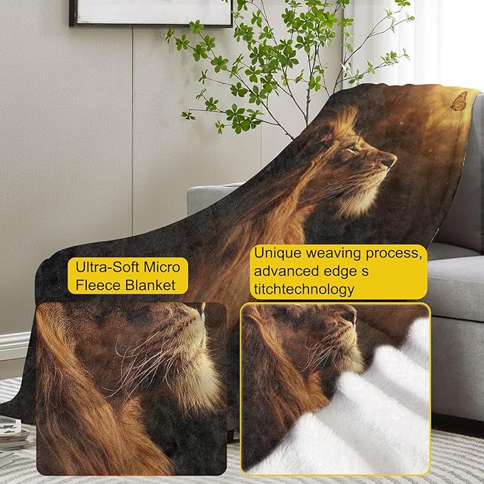 Lion and Butterfly Blanket, 60"x80" Majestic Lion Flannel Fleece Throw for Kids & Adults, Ultra-Soft and Warm Home Decor Blanket, Lion Gifts