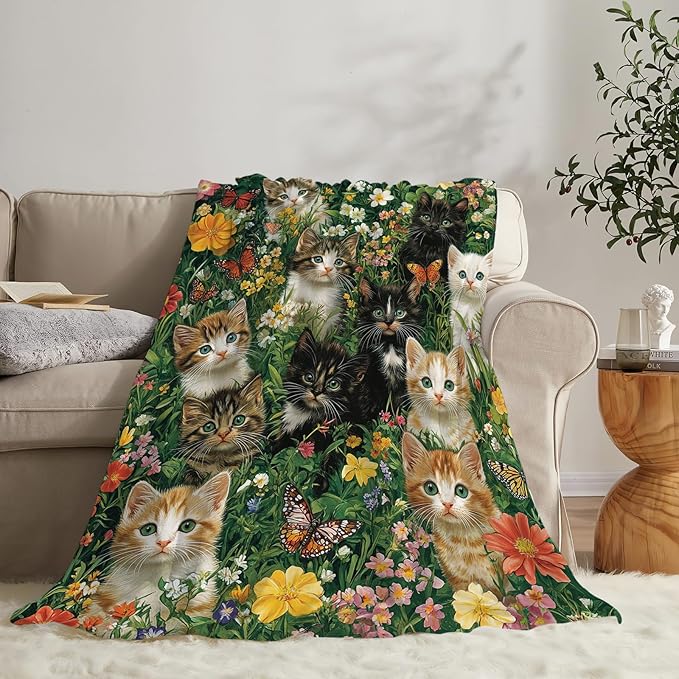 Cat Throw Blanket Ultra Soft Cozy Deer Flower Cats Blanket Fleece Fuzzy Plush Cat Lovers Decor Gifts for Women Girls Adults Couch Sofa 80"x60"