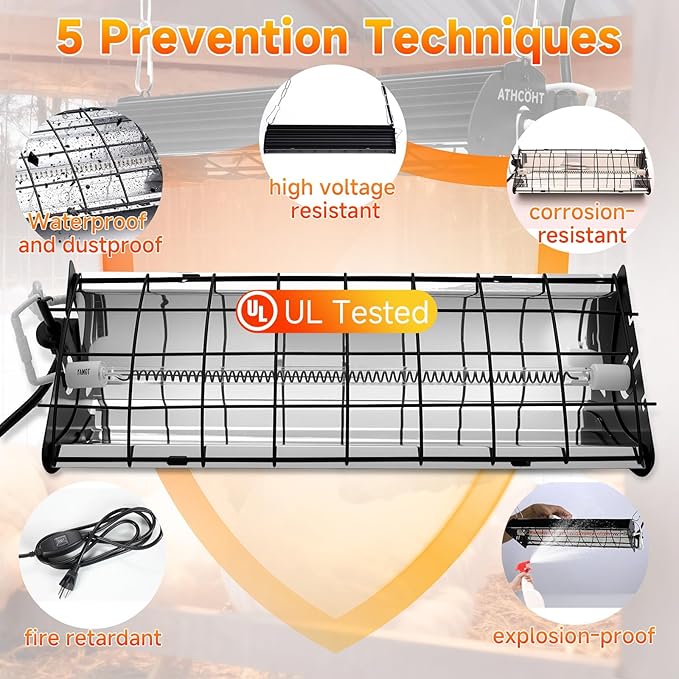 Chicken Coop Heater Lamp, Carbon Fiber Heat Lamp with 175W and 250W Bulbs, Brooder Heater with Guard, Ideal for Poultry, Livestock & Small Pets (1 pc Black Plus35CM(1 Light Frame + 2 Lamp Tubes))