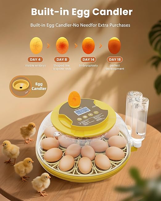 18 Egg Incubator with Automatic Egg Turning - Hatching Unit with Digital Control & Built-in Candler - Incubation System with 2 Hatcher Trays for Chicken, Duck, Goose, Quail, Parrot Eggs - Yellow