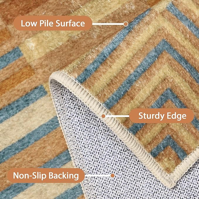 GENIMO Machine Washable 5x7 Area Rugs for Living Room, Non Slip Vintage Rugs, Low Pile Lightweight Chenille Print Rug for Bedroom, Dining Room, Home Office, Brown Clay