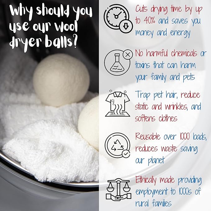 Wool Dryer Balls Organic Premium | 4 Balls XL, Ethically & Humanely Made, Natural Fabric Softener, Laundry Dryer Balls Reusable, Wrinkle Release, Organic Fabric Softener Ball, Say No! to Dryer Sheets
