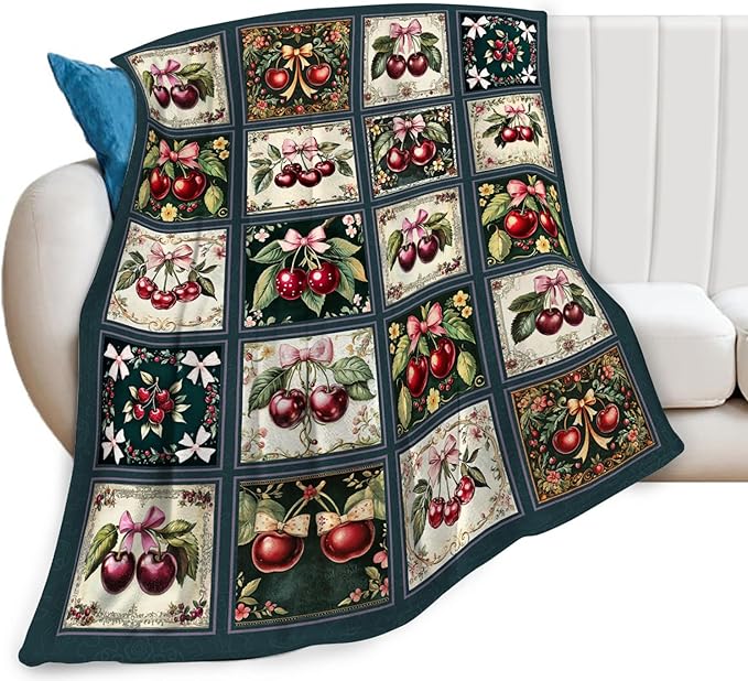 Cherry Blanket, Cherries Bow Throw Blanket, Preppy Gifts Blankets Stuff Fleece Flannel Plush for Girls Women Men Boys Lovers Adults Soft Bedding Gift for Sofa Bed Office Home Decor 80"x60"
