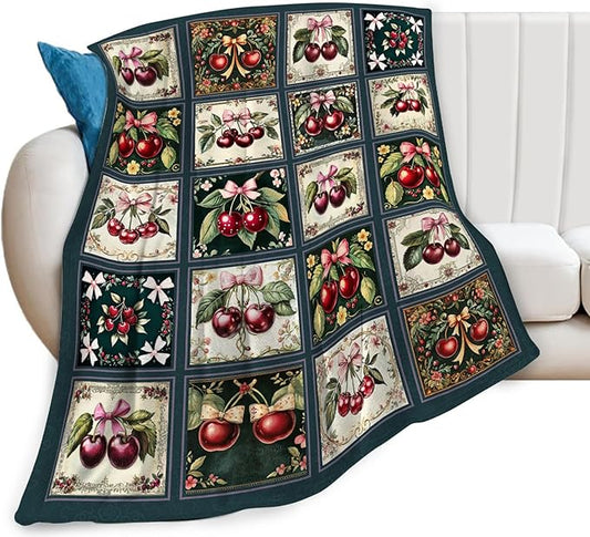 Cherry Blanket, Cherries Bow Throw Blanket, Preppy Gifts Blankets Stuff Fleece Flannel Plush for Girls Women Men Boys Lovers Adults Soft Bedding Gift for Sofa Bed Office Home Decor 80"x60"