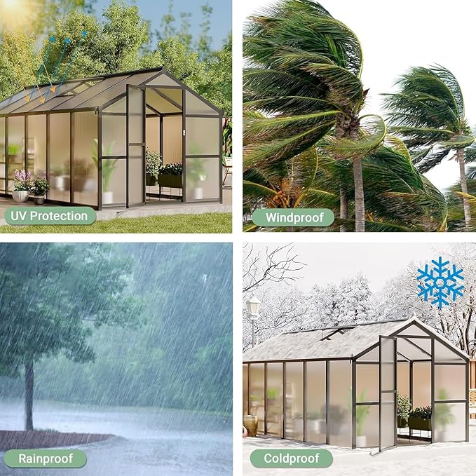 Greenhouse, 8x12 Ft Outdoor Greenhouses, Accessible Green House with Roof Vents and Sliding Doors, Aluminum Frame Polycarbonate Greenhouses, Large Greenhouse for Outdoor Gardens and Backyards, Green
