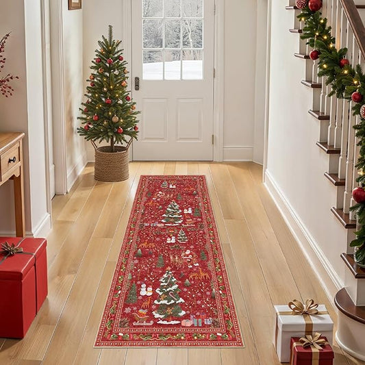 Christmas Runner Rug for Hallway: 2x6 Neutral Modern Festive Low Pile Soft Thin Indoor Carpet for Bedroom Kitchen Mat Kids Room Holiday Decor - Red
