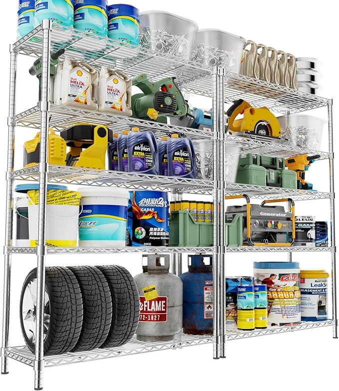 Storage Shelves, 2 PCS 36" L x 14" W x 72" H Heavy Duty Garage Wire Shelving Unit Loads 1750LBS, 5-Tier Adjustable Metal Industrial Utility Shelf Rack for Kitchen, Laundry Room, Basement