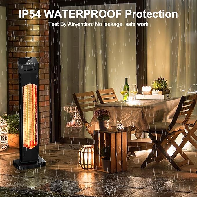 AKIRES 37IN Outdoor Electric Patio Heater,Portable Infrared Heaters With Remote,IP54 Waterproof Tower Space Heater,12H Timer,Large Room Heater for Garage Backyard Porch Balcony Shop Patio,Black