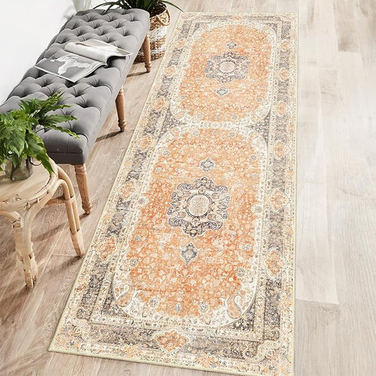 Washable Runner Rug 2x6,Boho Rug Runners Non Slip,Long Rugs for Hallways Kitchen Bedroom Entryway Bathroom,Vintage Bohemian Distressed Farmhouse Floor Carpet,Retro Orange Grey Floral