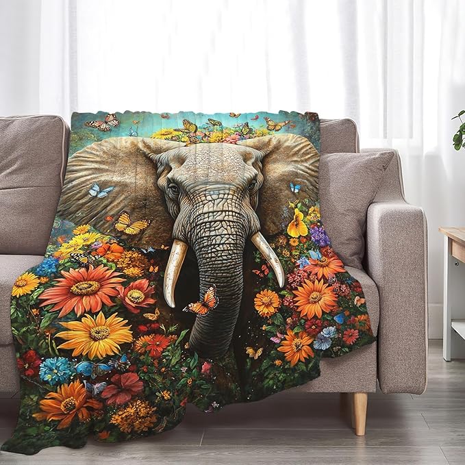Elephant Blanket Gifts for Girls Boys Soft Warm Plush Elephant Animal Flower Butterfly Throw Blanket Flannel Fleece Fuzzy Blankets for Kids Lover Bed Couch Living Room Decor 60"X50"