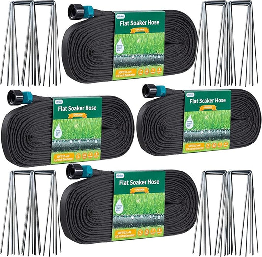 2025 Flat Soaker Hose 200 ft (50ft 4Packs) with Stake for Garden, Linkable Drip Hose Diy Automates Garden Irrigation System Saving 90% Water, Dual-layer Leak-free Design Water Hose with Holes