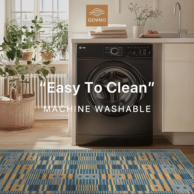 GENIMO Machine Washable 5x7 Area Rugs for Living Room, Non Slip Vintage Rugs, Low Pile Lightweight Chenille Print Rug for Bedroom, Dining Room, Home Office, Navy Blue