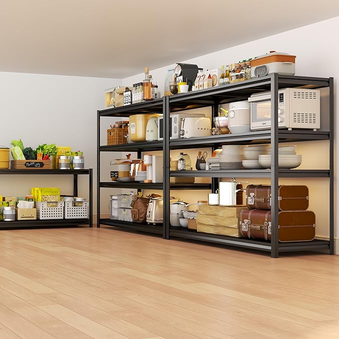 63''Storage Shelves, 4-Tier Garage Metal Shelving Unit, Adjustable, Double-Layer Column with Reinforced Ribs, Heavy-Duty, Capable of Bearing 2400 lbs Suitable for Garage, Warehouse, Kitchen Storage