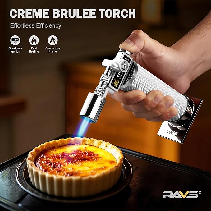 RAVS Butane Torch Lighter Refillable, White Kitchen Torch with Adjustable Flame, Creme Brulee Torch for Baking, Welding, Christmas Stocking Stuffers Gifts for Women, Cooking Torch Butane Not Included