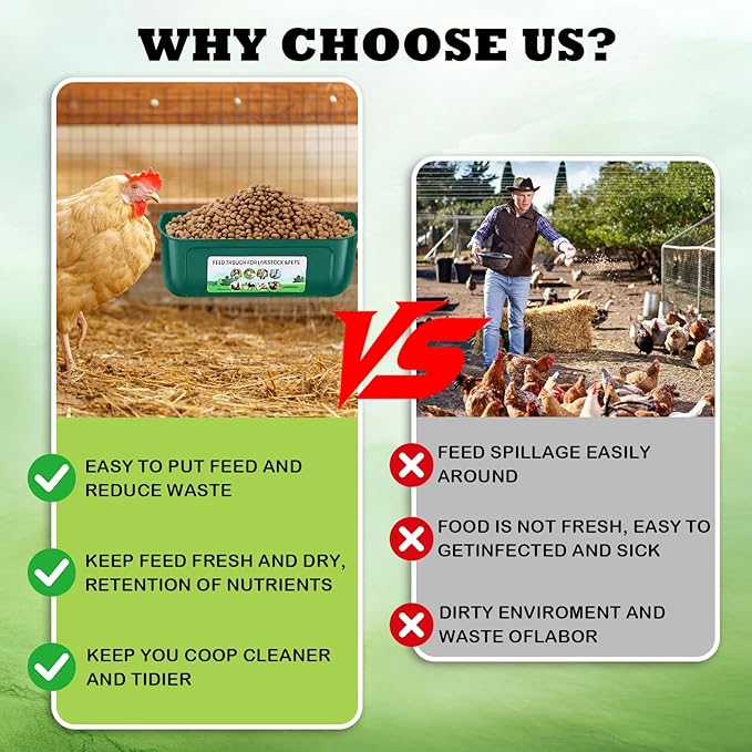 3 Pack Chicken Feeder, Duck Feeder Supplies, Hanging Fence Feed Trough with Clips for Goat, Sheeple, Piglet, Gooses, Turkeys, Dog Livestock Poultry, 8 Quarts in Total, Feed Scoop Included, Green