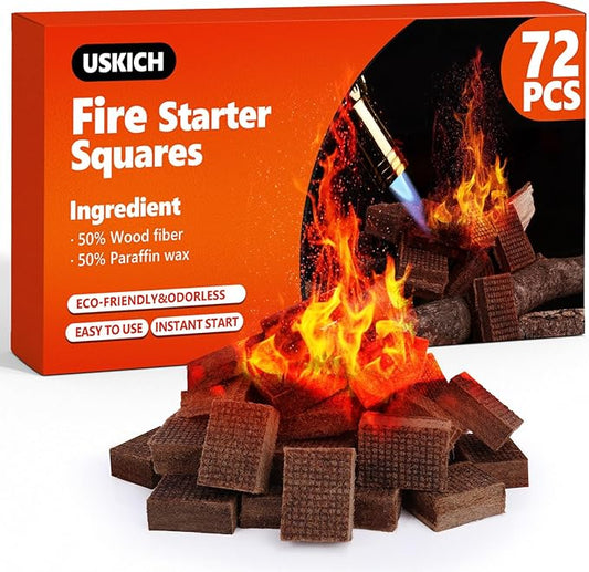 Fire Starter Squares 72Pcs,Natural Fire Starters for Campfires,Grill,BBQ,Wood Stove -Waterproof,Weather Resistant Fire Starters for Fireplace-Camping Firestarter Cubes Accessories Kit