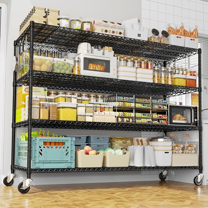 PrimeZone 60" W x 24" D x 76" H Heavy Duty Wire Storage Shelves with Wheels, 4 Tier Adjustable NSF Certified Garage Shelving Unit, Rolling Metal Organizer Shelf Utility Rack for Warehouse, Pantry