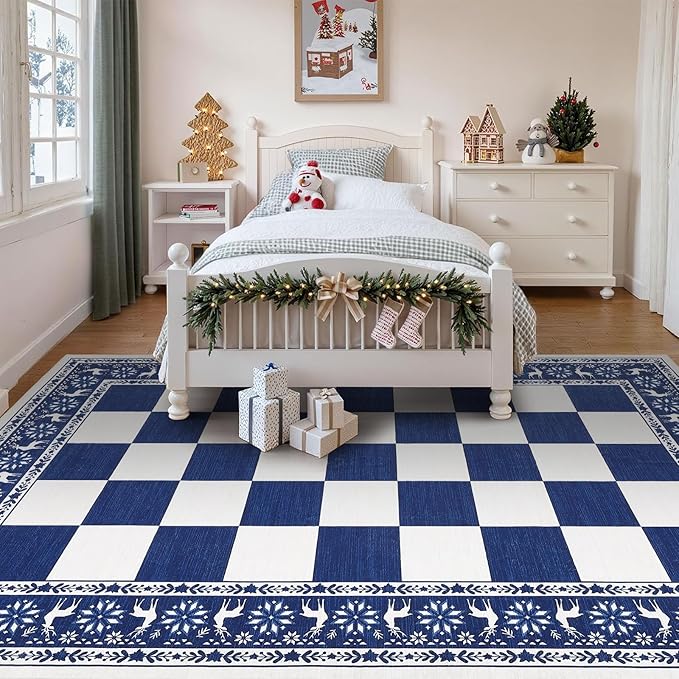 GarveeHome Blue Area Rugs 9x12 Living Room, Washable Rug for Christmas Decor, Indoor Non Slip Carpet, Checkered Soft Low Pile Christmas Rug for Bedroom, Dining Room